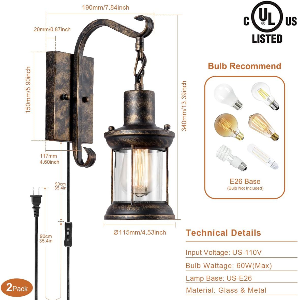Wall Lamp Bedside Modern Indoor Wall Light with Switch American Vintage Style for Restaurant, Bedroom, Staircase, Villa Lighting - Image 9