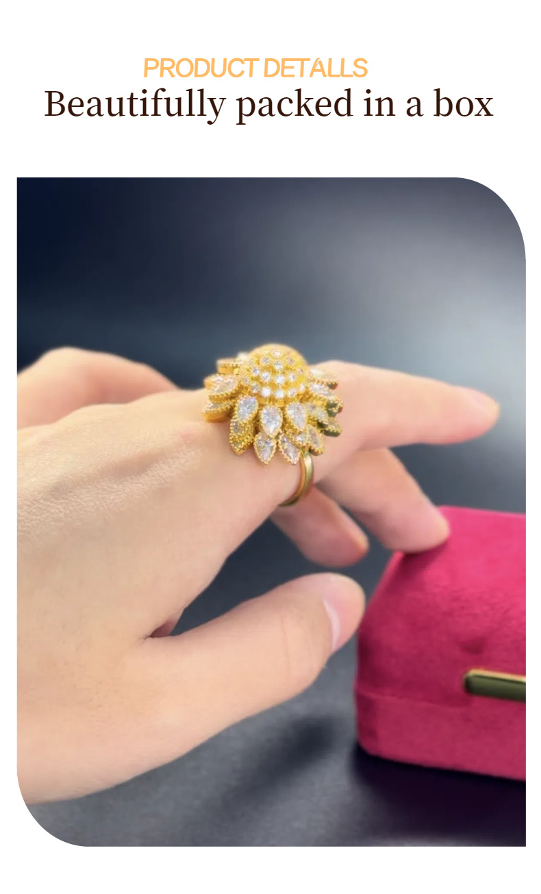 Flower Adjustable Open Gold Ring For Women, Trendy Elegant Unique Cubic Zirconia Enamel Front Open Floral Leaf Easter Jewelry Gift-flower - Image 3