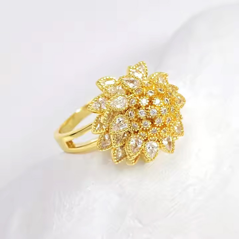 Flower Adjustable Open Gold Ring For Women, Trendy Elegant Unique Cubic Zirconia Enamel Front Open Floral Leaf Easter Jewelry Gift-flower - Image 2