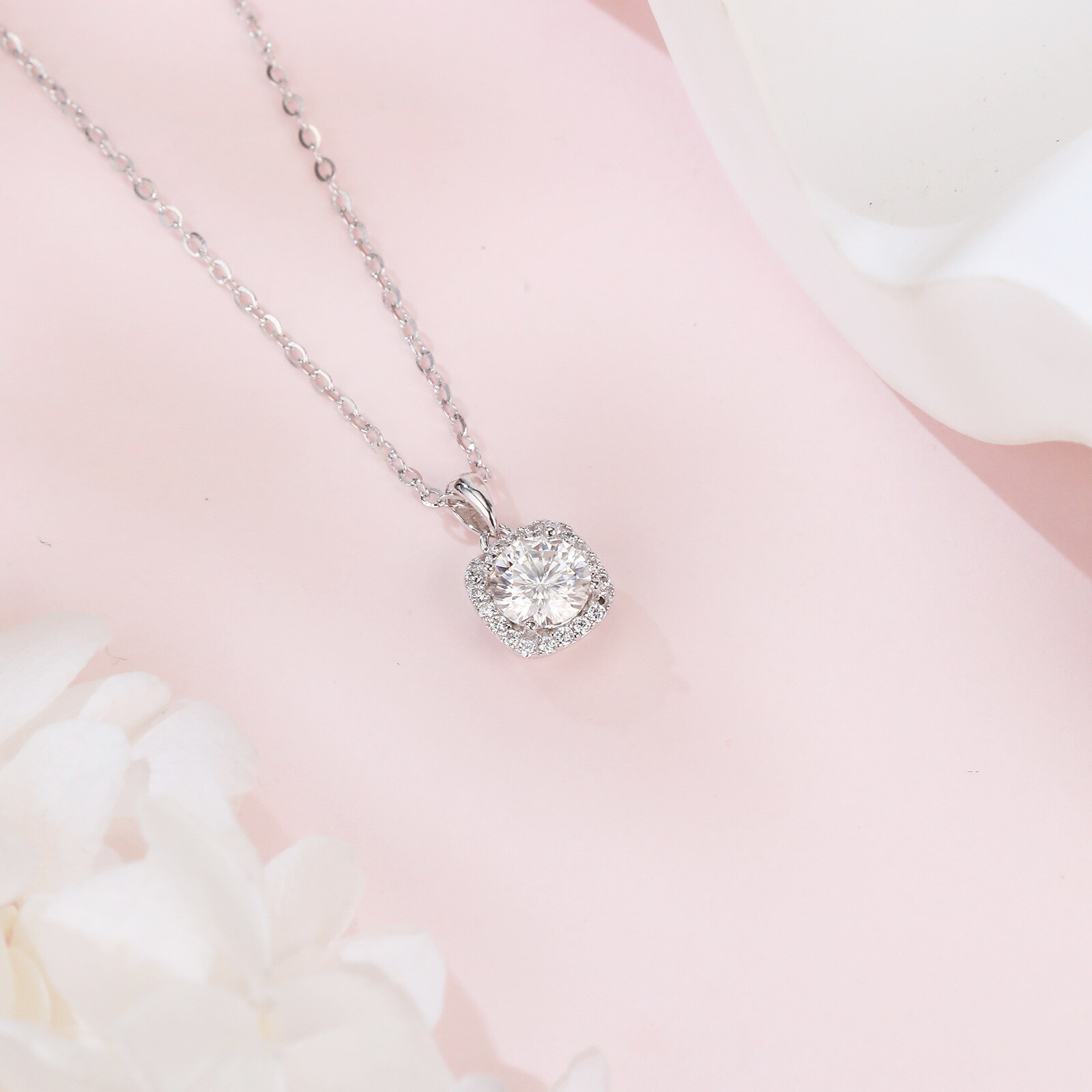 925 Sterling Silver Elegant Moissanite Halo Square Pendant Necklace On Delicate Silver Chain – Timeless Luxury Jewelry - Image 2