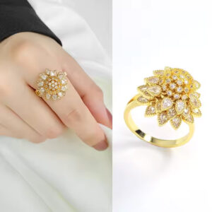 Flower Adjustable Open Gold Ring For Women, Trendy Elegant Unique Cubic Zirconia Enamel Front Open Floral Leaf Easter Jewelry Gift-flower