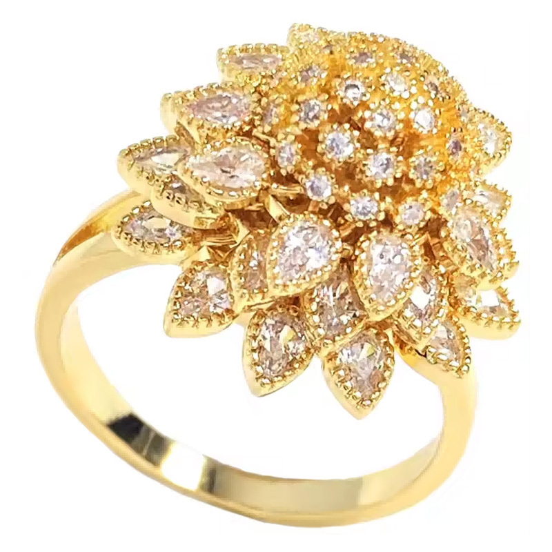 Flower Adjustable Open Gold Ring For Women, Trendy Elegant Unique Cubic Zirconia Enamel Front Open Floral Leaf Easter Jewelry Gift-flower - Image 5