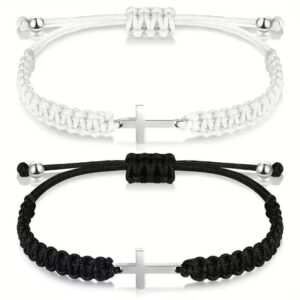 Black And White Woven Cross Couple Bracelets, Adjustable Cross Wristbands