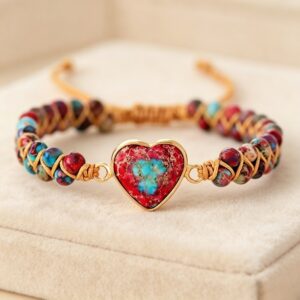 Hand-woven Natural Stone Imperial Heart Bracelet, Adjustable