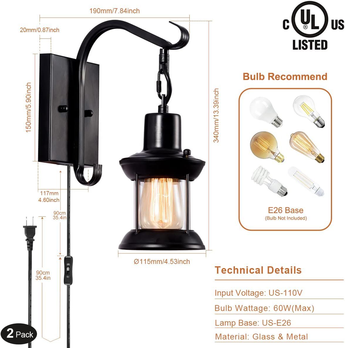 Wall Lamp Bedside Modern Indoor Wall Light with Switch American Vintage Style for Restaurant, Bedroom, Staircase, Villa Lighting - Image 11