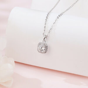 925 Sterling Silver Elegant Moissanite Halo Square Pendant Necklace On Delicate Silver Chain – Timeless Luxury Jewelry
