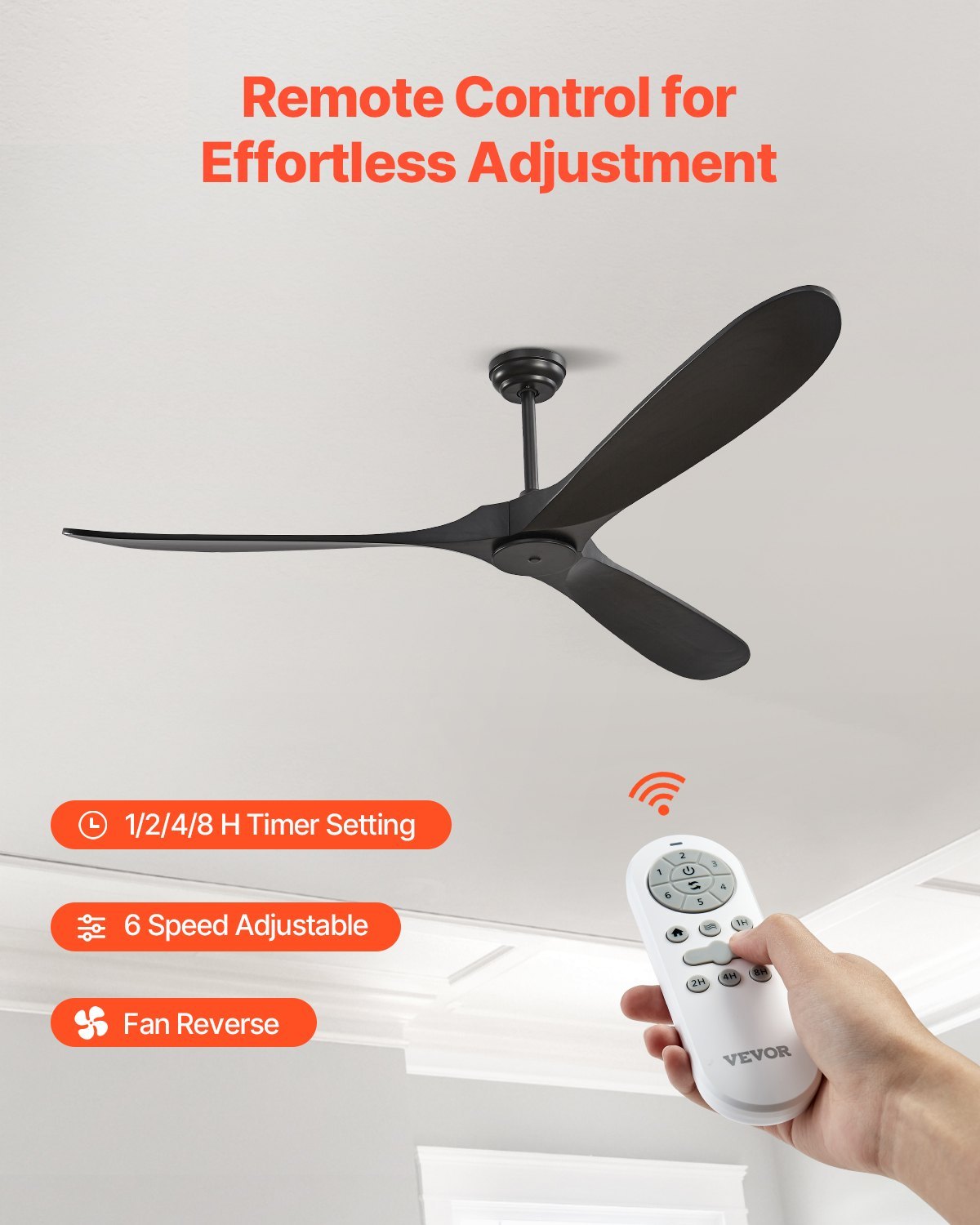 72 Inch Ceiling Fan Without Light, 6-Speed Remote Control, 3-Wood-Blade, Reversible DC Motor, Modern Low Profile Flush Mount Exterior Fan For Bedroom, Living Room, Patio, Indoor/Outdoor, Black - Image 5