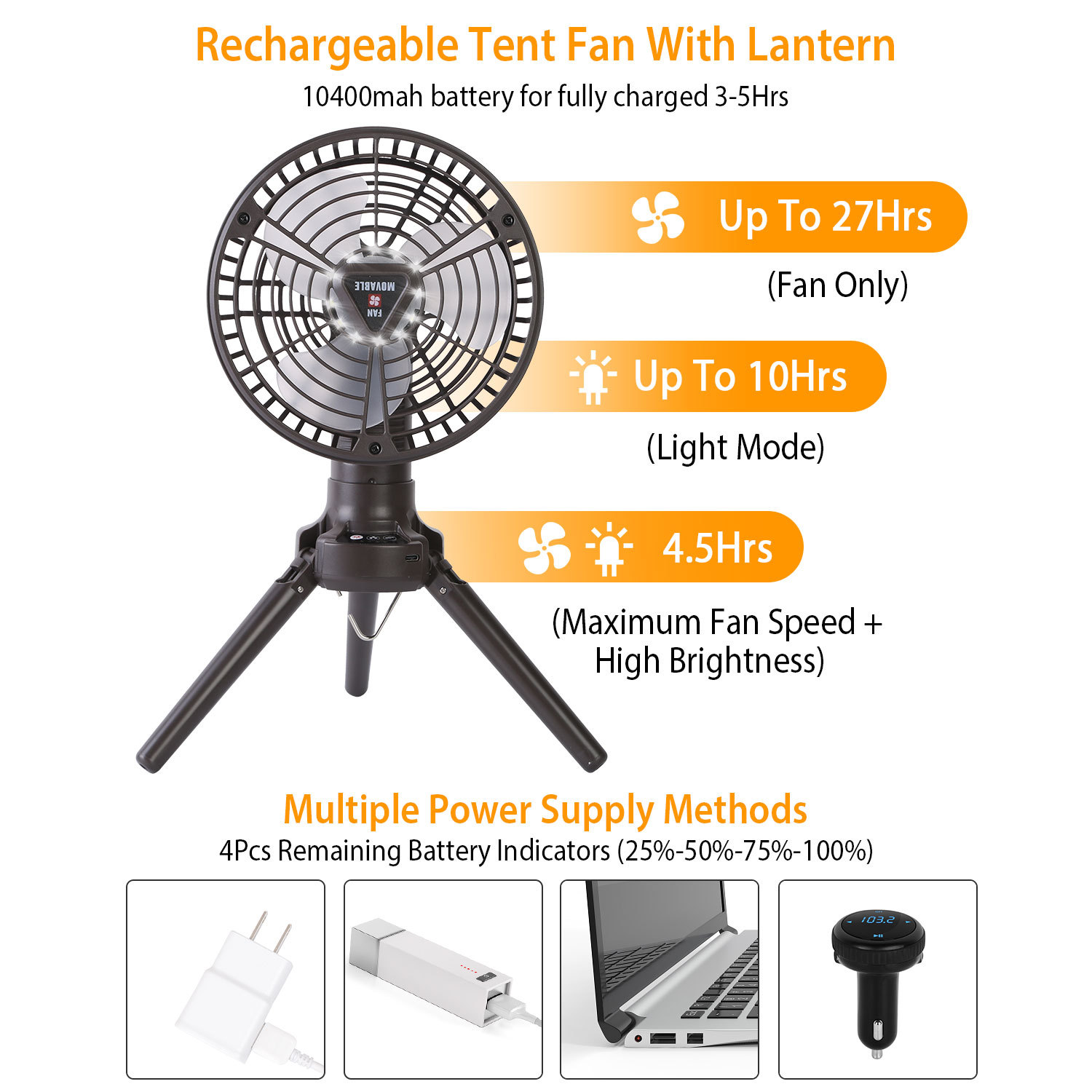 1Pc 10400mah Portable Camping Fan With LED Light Rechargeable Tripod Tent Hanging Fan Lantern Portable Foldable Oscillating Table Fan With 3 Brightness 4 Speeds - Image 5