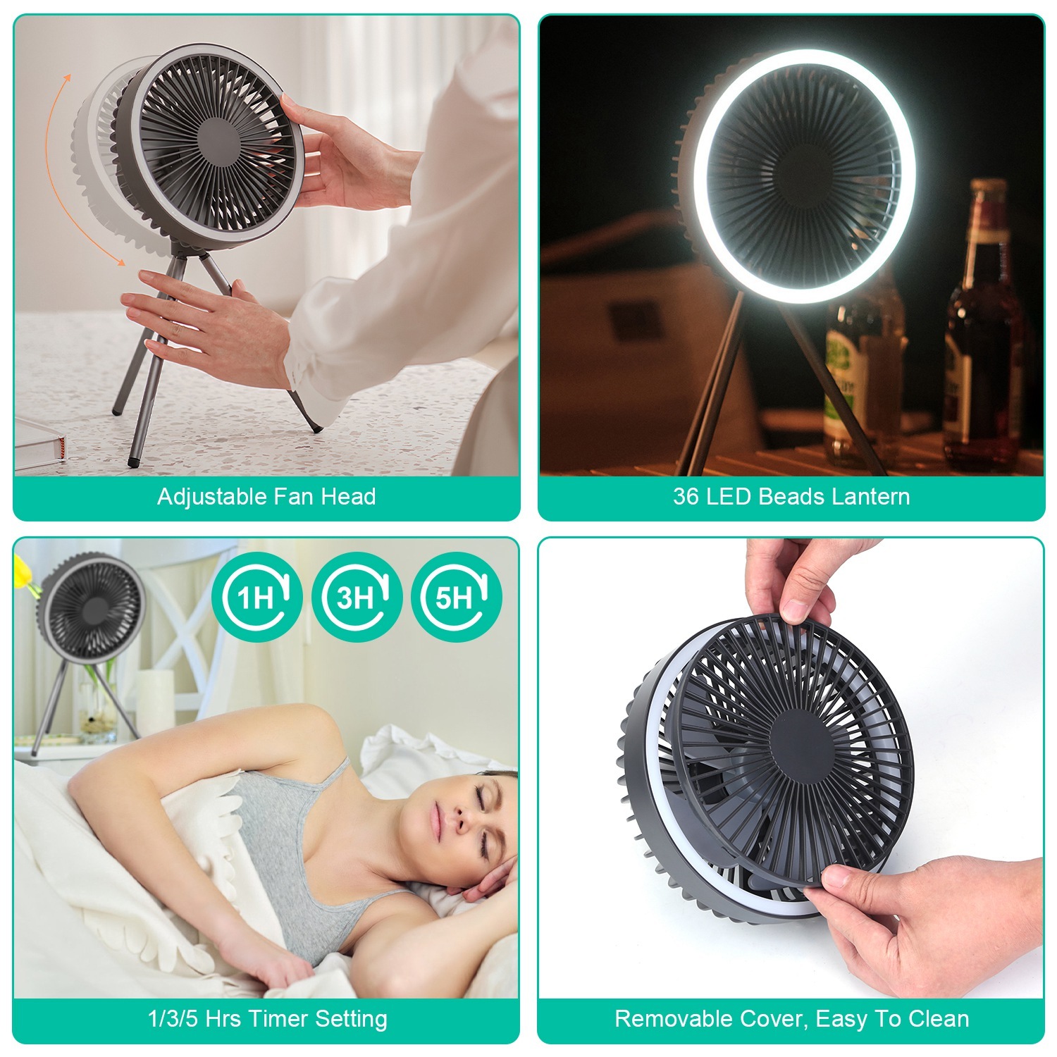 Camping Fan With Lantern Rechargeable Battery Powered Portable Tripod Fan For Tent With Hanging Hook Carabiner Emergency Power Bank Desk Fan With Timer Speed Brightness Setting - Image 8