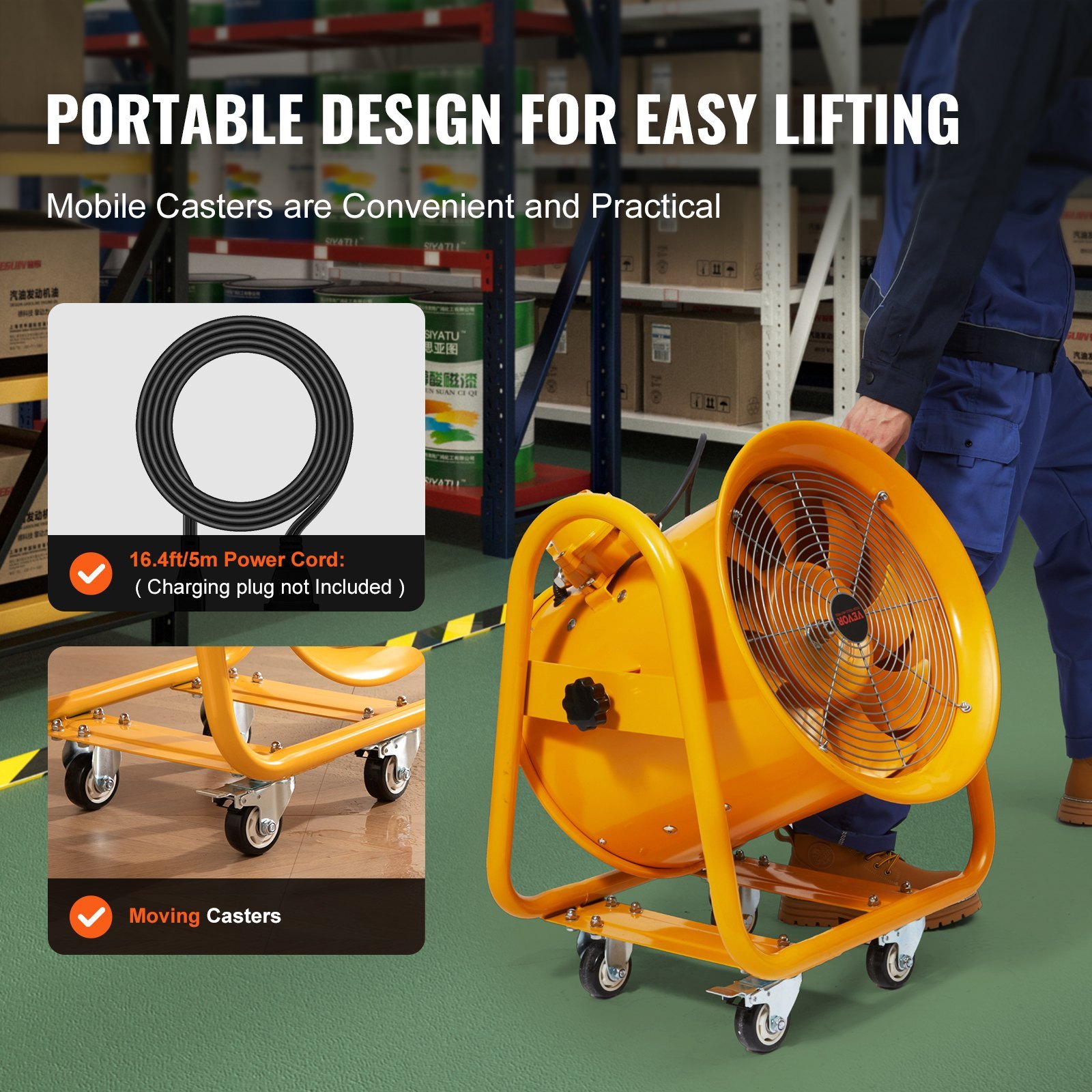 Portable Ventilator, 16" Heavy Duty Cylinder Fan, 1100W Strong Shop Exhaust Fan 4240CFM, 16.4ft Power Cord (No Charging Head), Industrial Utility Blower For Sucking Dust, Smoke Home/Workplace - Image 4