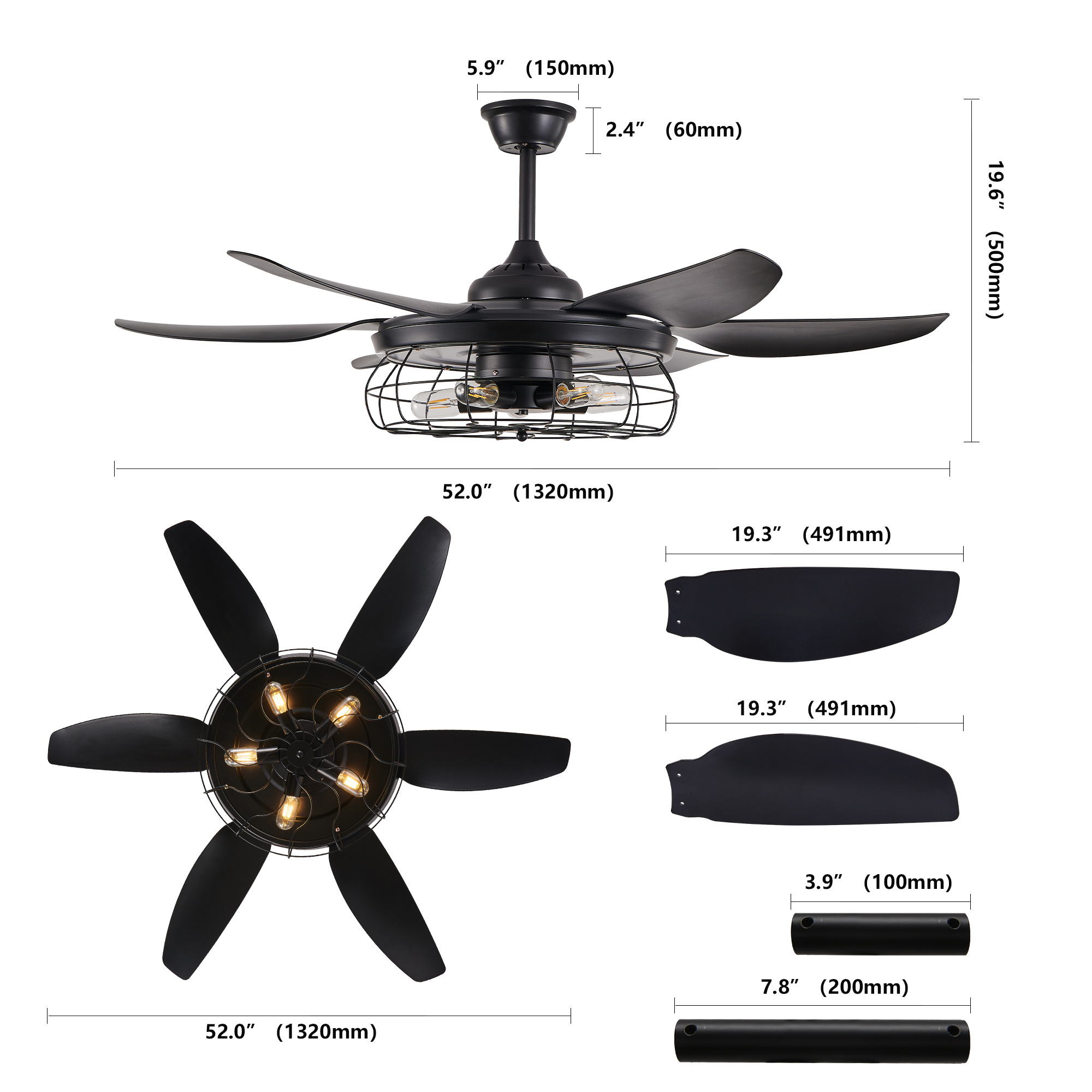 52 Modern Black Ceiling Fan With Light, 6 Fan Blades And Industrial Cage Design, Adjustable Speed For Living Room, Bedroom, Dining Room Silent 6-Speed Reversible DC Motor Bulb Not Included - Image 7