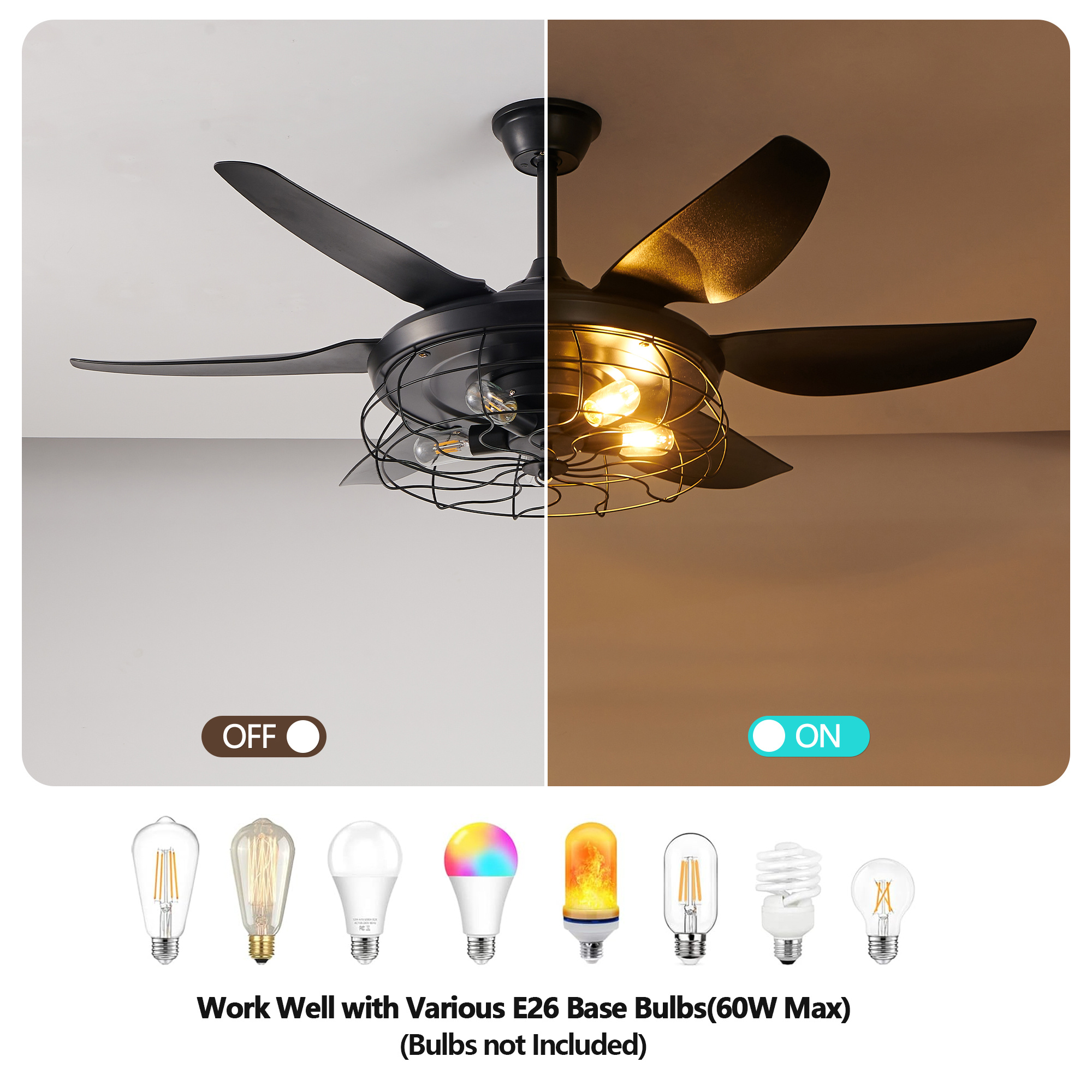 52 Modern Black Ceiling Fan With Light, 6 Fan Blades And Industrial Cage Design, Adjustable Speed For Living Room, Bedroom, Dining Room Silent 6-Speed Reversible DC Motor Bulb Not Included - Image 8
