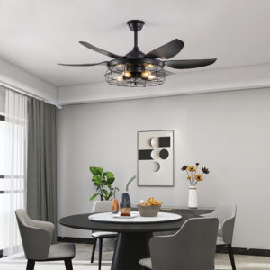 52 Modern Black Ceiling Fan With Light, 6 Fan Blades And Industrial Cage Design, Adjustable Speed For Living Room, Bedroom, Dining Room Silent 6-Speed Reversible DC Motor Bulb Not Included