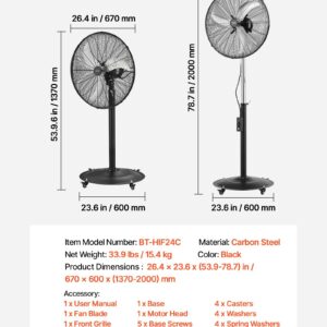 24-Inch High Velocity Pedestal Fan, 6800 CFM Industrial Standing Floor Fan With 85° Oscillating, 3-Speed Adjustable Height, IP44 Waterproof, Carbon Steel For Commercial, Garage, Workshop, Black