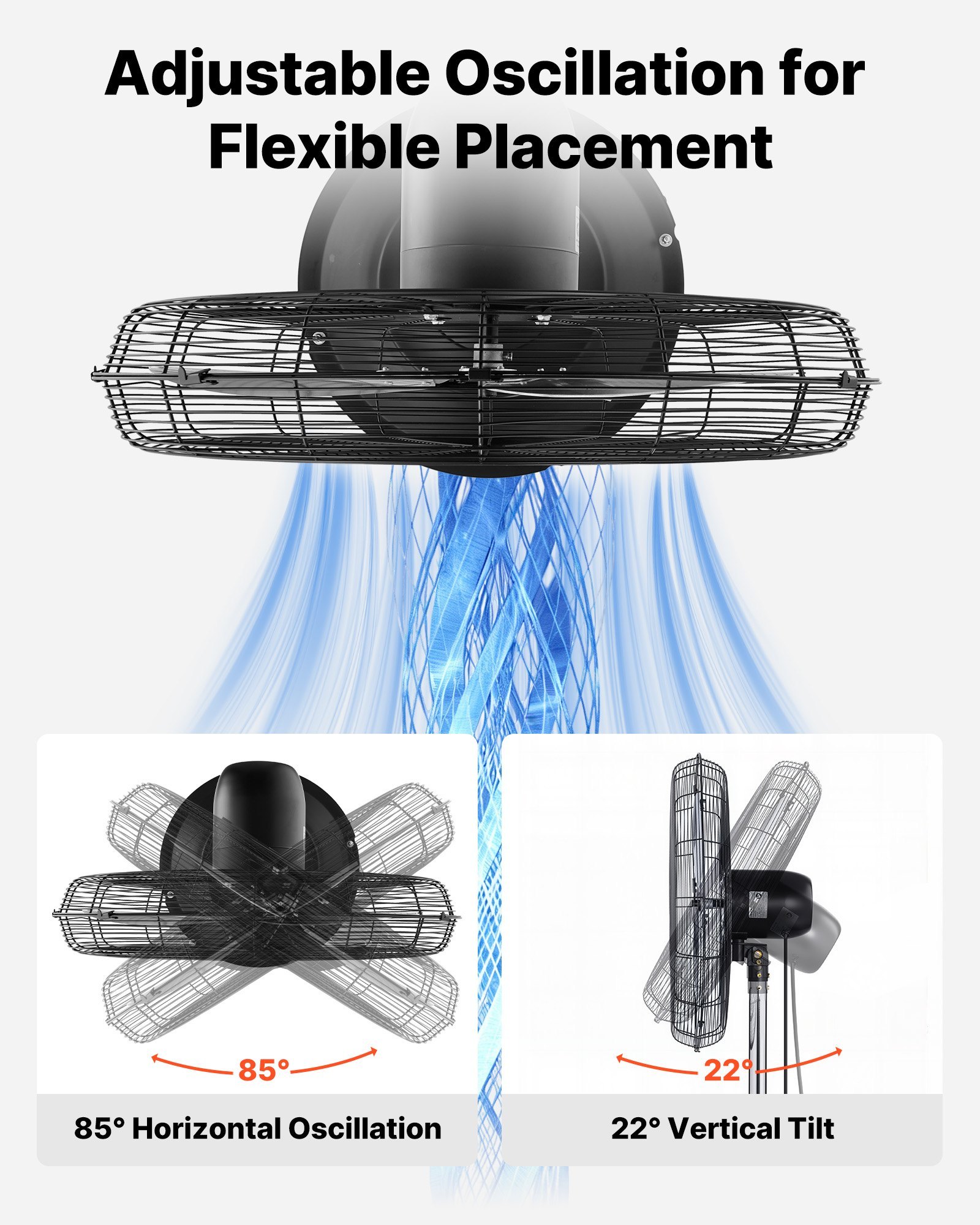 24-Inch High Velocity Pedestal Fan, 6800 CFM Industrial Standing Floor Fan With 85° Oscillating, 3-Speed Adjustable Height, IP44 Waterproof, Carbon Steel For Commercial, Garage, Workshop, Black - Image 3