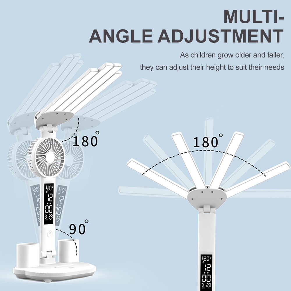 4-Head LED Desk Reading Lamp With Fan Clock Dimmable Rechargeable Touch Light - Image 8