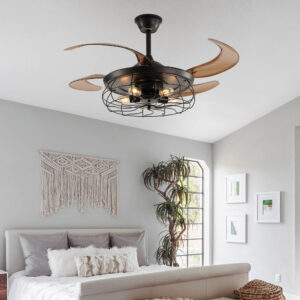 48 Black Remote Control Ceiling Fan Light Industrial 4-Blade Fan With Cage Design And Adjustable Speed For Living Room, Bedroom, Or Office Silent 6-Speed Reversible DC Motor Bulb Not Included