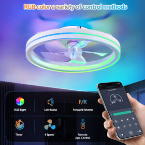 RGB Ceiling Fans With Lights, 19 Smart LED Ceiling Fan With Remote APP Control, Modern Low Profile Bladeless Chandelier Fan, Dimmable White Fandelier For Bedroom, Living Room, Kitchen