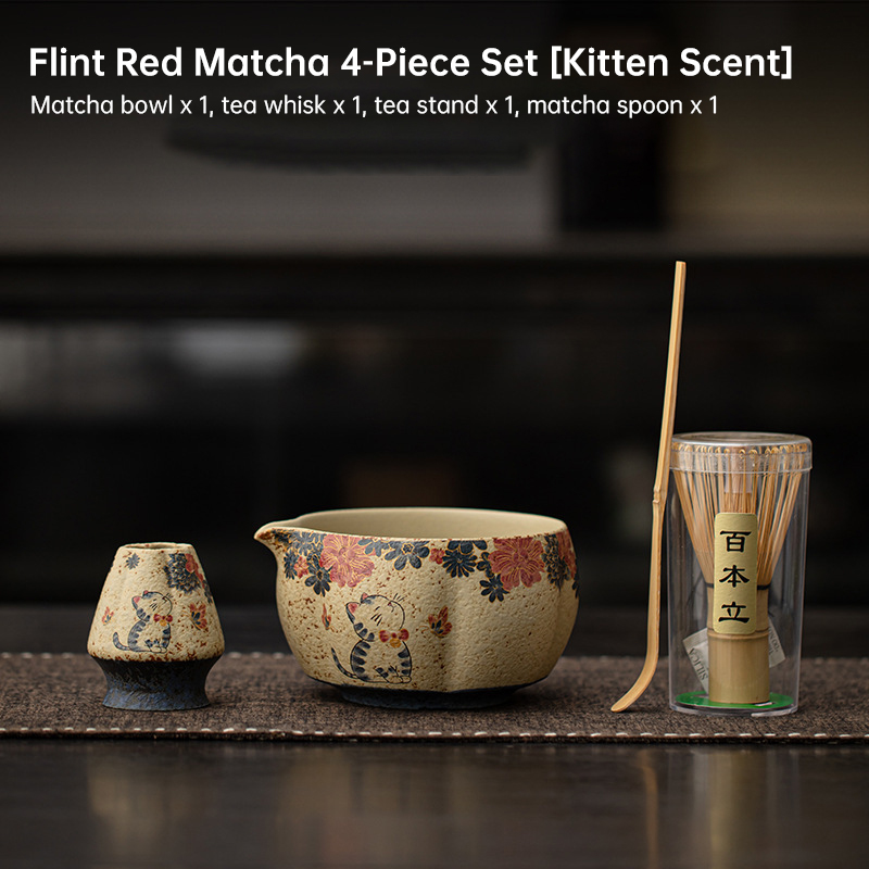 2-8PCS Japanese Flint Red Matcha Set: Bamboo Whisk, Bowl, Box – Exquisite Tea Tools Gift - Image 3