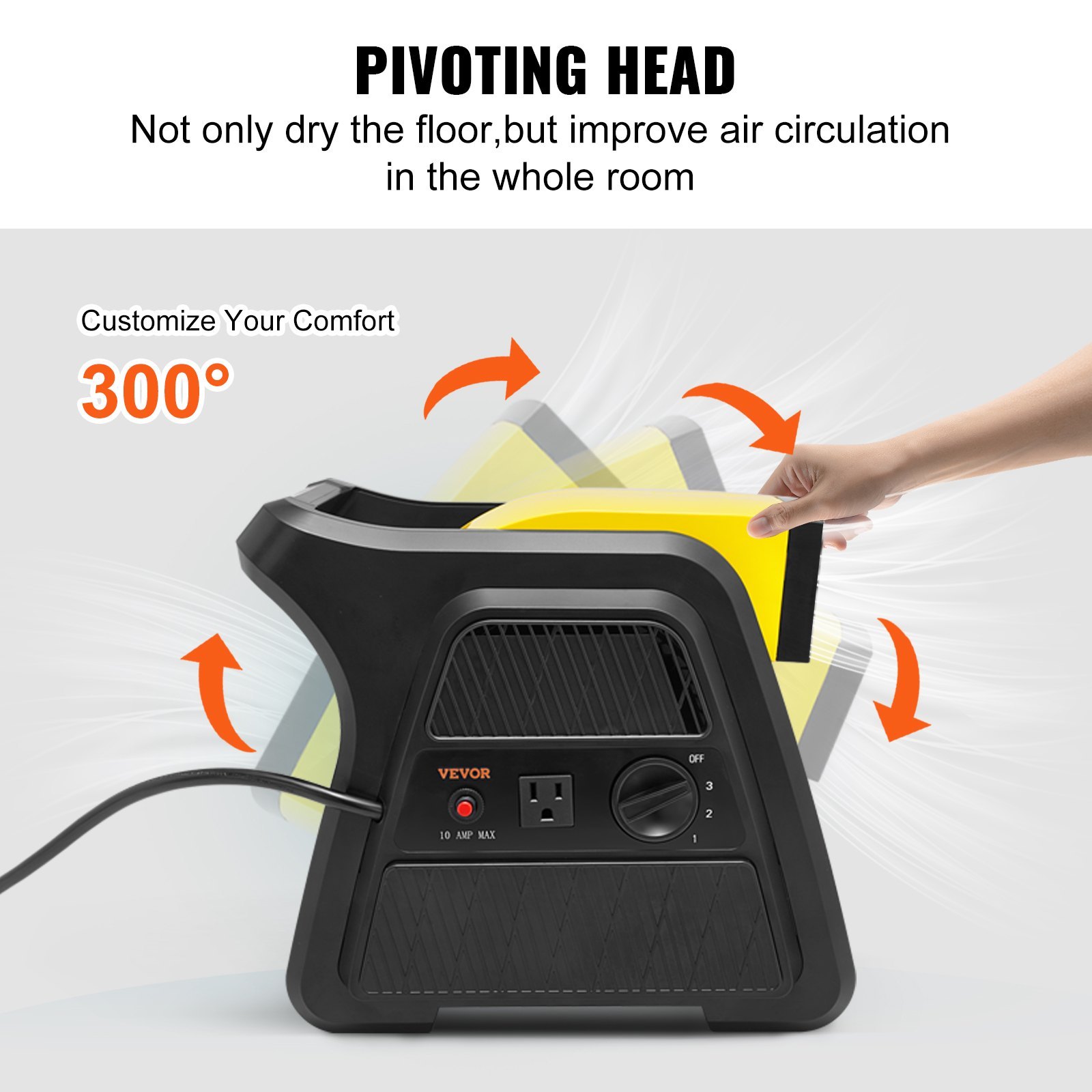 Pivoting Utility Fan, 600 CFM High Velocity Floor Blower For Drying, Cooling, Ventilating, Exhausting, 300° Blowing Angle Air Mover, Portable Carpet Dryer Fan For Home, Work Shop - Image 4
