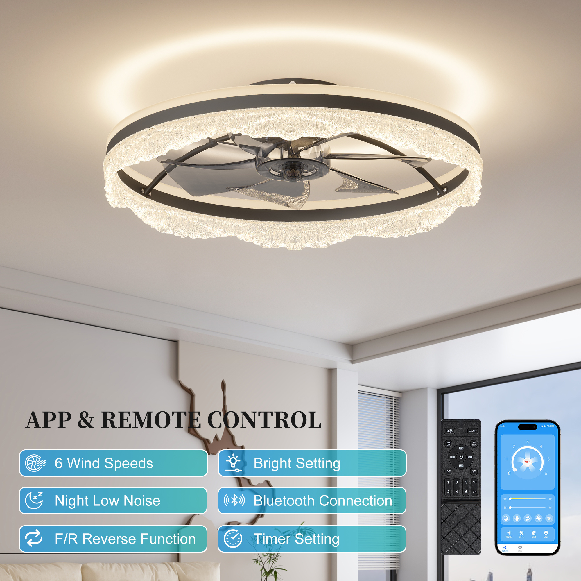 24 Quiet Ceiling Fan With Light LED Crystal Flush Mount Fan Lamp With Hidden Blades And Natural Airflow, Perfect For Bedroom, Kids Room, Study Room - Image 8