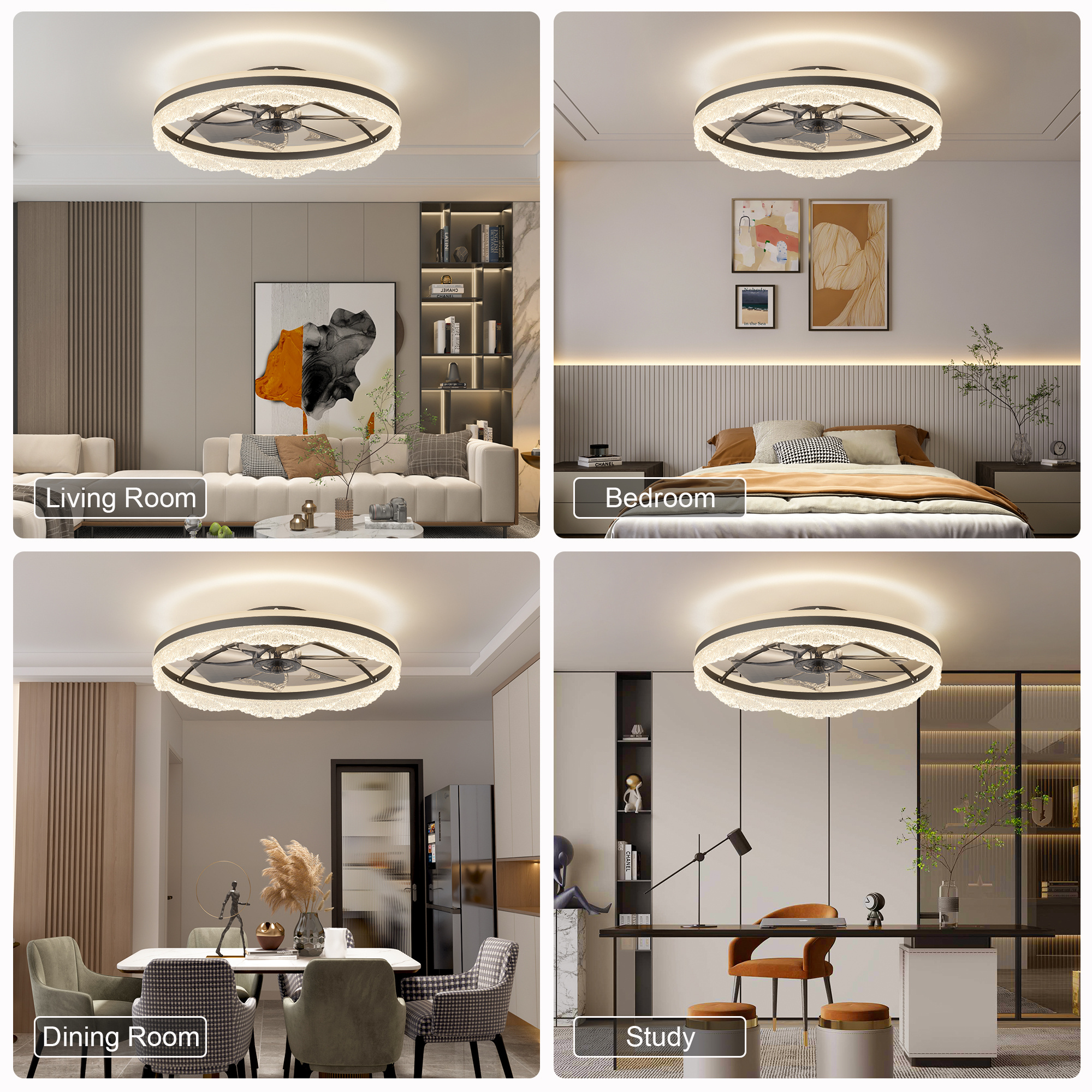 24 Quiet Ceiling Fan With Light LED Crystal Flush Mount Fan Lamp With Hidden Blades And Natural Airflow, Perfect For Bedroom, Kids Room, Study Room - Image 5