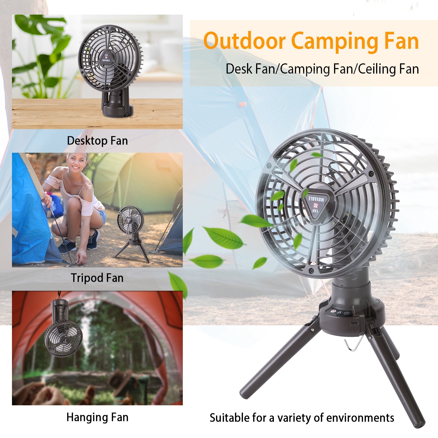 1Pc 10400mah Portable Camping Fan With LED Light Rechargeable Tripod Tent Hanging Fan Lantern Portable Foldable Oscillating Table Fan With 3 Brightness 4 Speeds - Image 9