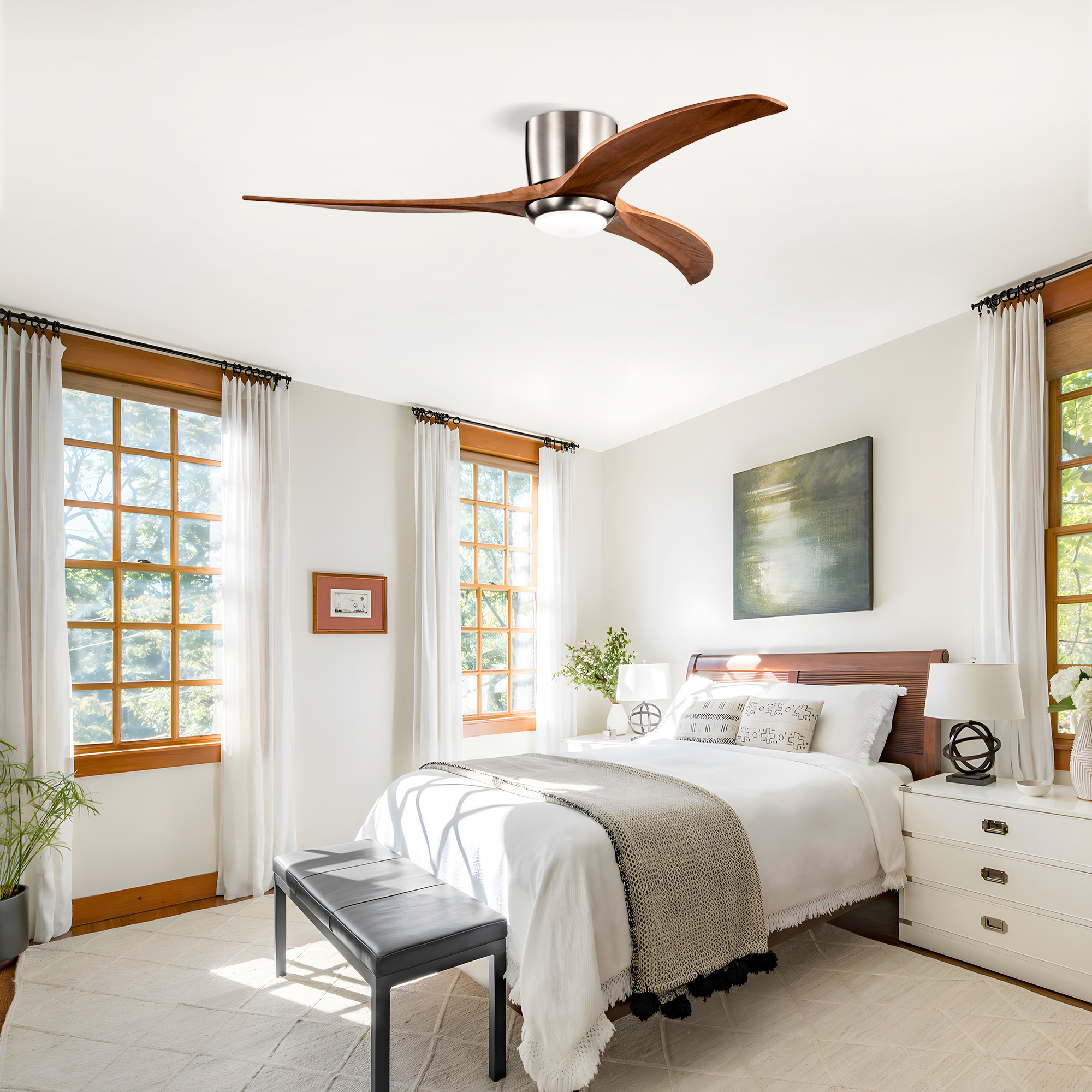 52 Inches Recessed Ceiling Fan Solid Wood Blade Ceiling Fan With Light Strip Remote Control, Noiseless Reversible Motor, 6 Speed, Suitable For Patio Living Room, Bedroom, Indoor, Nickel Color - Image 7