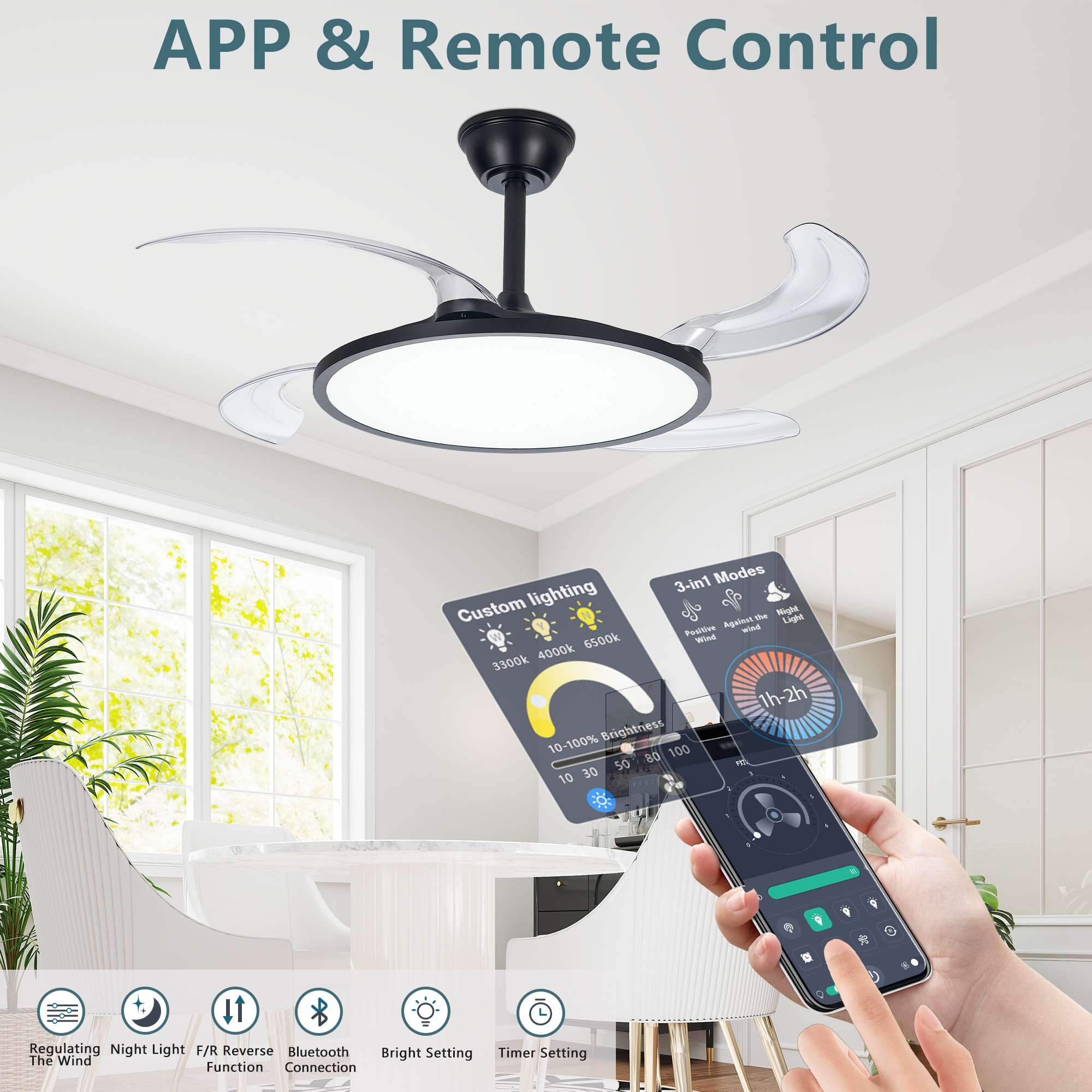 42 Inch Retractable Ceiling Fan,Low Profile Ceiling Fan With Light And Remote,Modern Black Fan With Retractable Blades For Dinning Room Living Room Bedroom,Dimmable,Timer Setting - Image 7