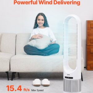 Tower Fan Bladeless, 15.4ft/s Velocity Floor Fan That Blows Cold Air, 80° Oscillating 8-Speed Fans, 8H Timer, Standing Fans With H13 HEPA Filtration, Remote Control & Air Purification Mode