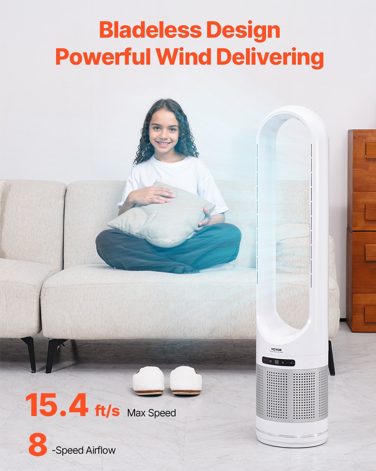 Tower Fan Bladeless, 15.4ft/s Velocity Floor Fan That Blows Cold Air, 80° Oscillating 8-Speed Fans, 8H Timer, Standing Fans With H13 HEPA Filtration, Remote Control & Air Purification Mode - Image 2