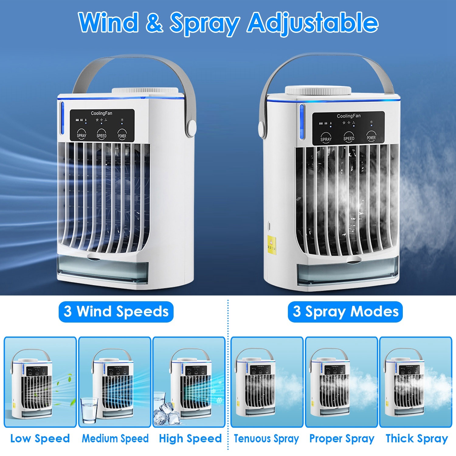 Portable Air Conditioner Fan Evaporative Humidifier 3 Speed Spray Personal Cold Mist Air Cooler Desk Table Fan Water Tank Night Light Adjustable Angel Room Home Office - Image 6