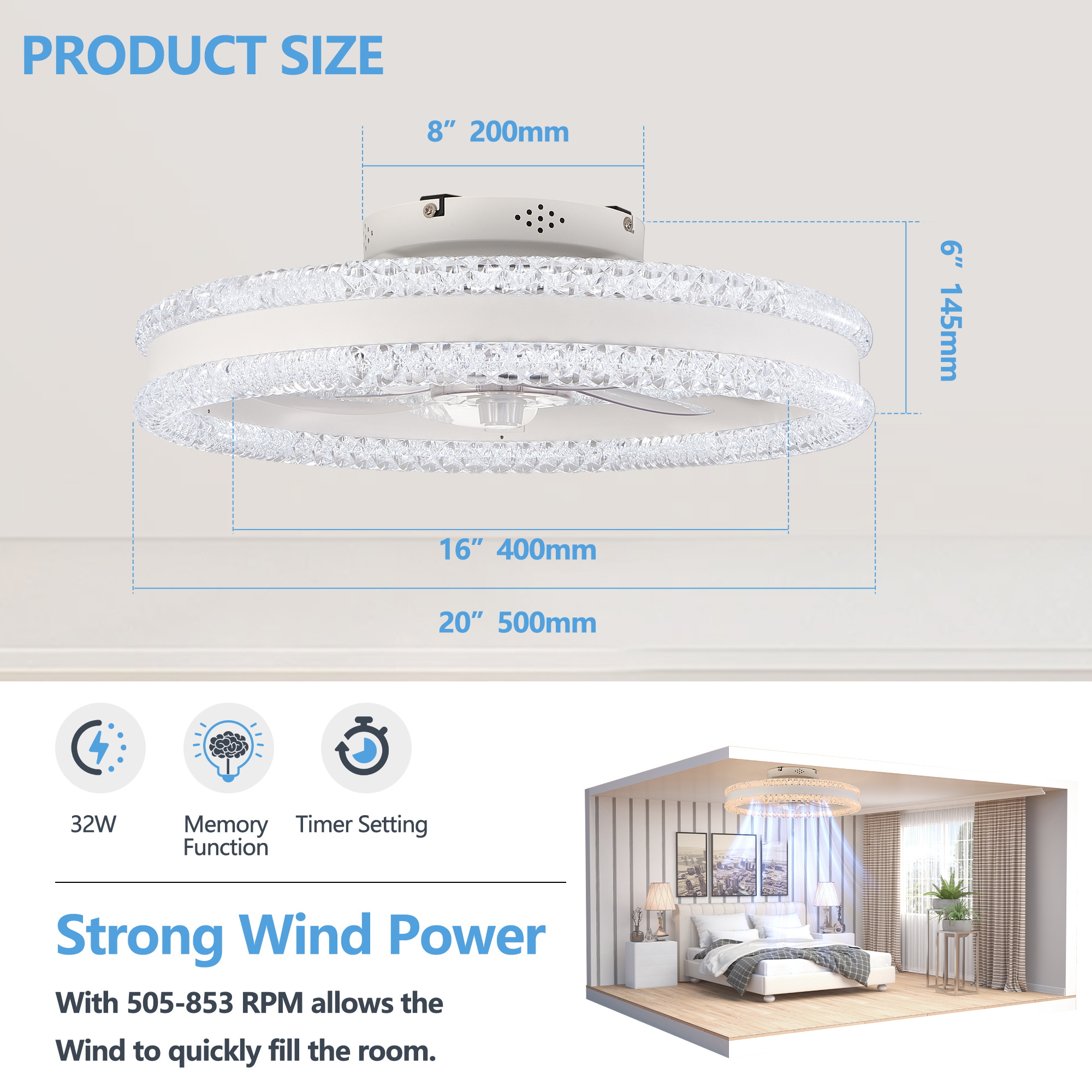 20 Luxury Double Ring LED Ceiling Fan With Light Modern Flush Mount Design, Hidden Blades, Dimmable Lighting & Remote Control, Low Profile Silent Fan For Bedroom, Living Room White - Image 3