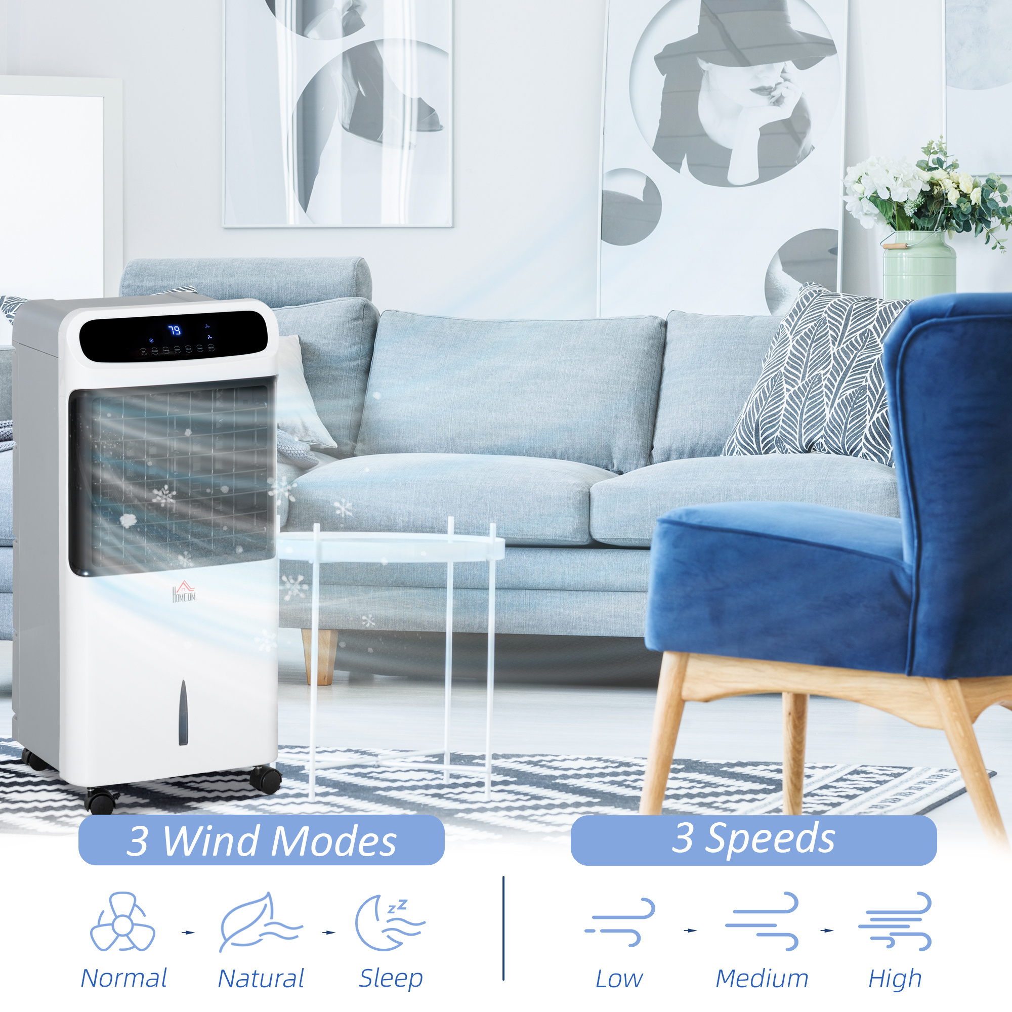 32" Evaporative Air Cooler With 3.2 Gal Water Tank, 60° Oscillating, 3-In-1 Ice Cooling Fan, Portable Swamp Cooler With Humidifier For Home Office, 3 Modes, 3 Speeds, 12H Timer, Remote, White - Image 4