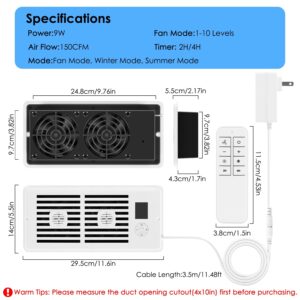 Register Booster Fan Smart AC Vent Booster Fan Fit 4in Plus 10in Register Holes With 3 Modes 10 Speeds 2H 4H Timer LCD Screen 2 Scent Diffuser Slots Remote Control Dual Motors For Wall Ceiling Floor