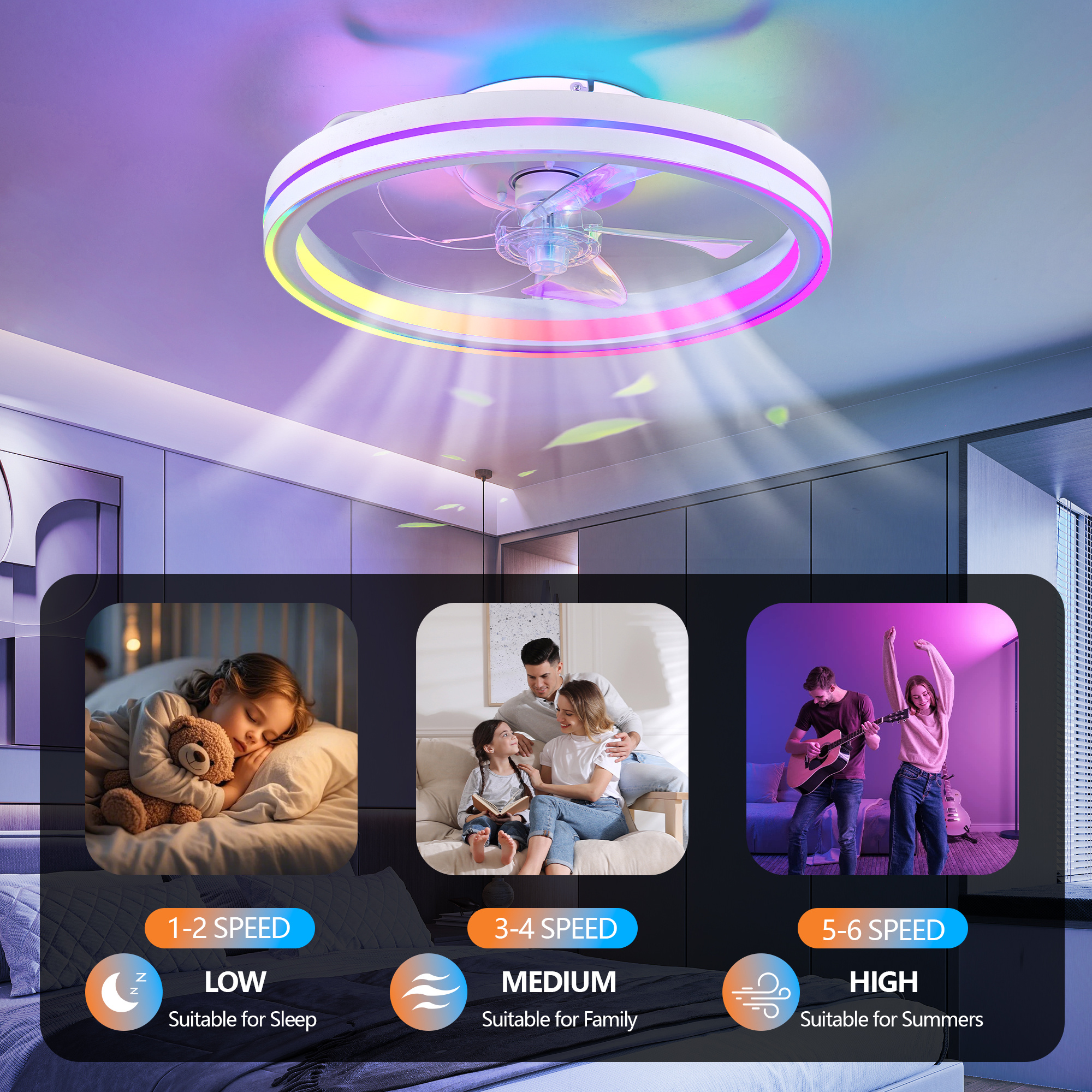 RGB Ceiling Fans With Lights, 19 Smart LED Ceiling Fan With Remote APP Control, Modern Low Profile Bladeless Chandelier Fan, Dimmable White Fandelier For Bedroom, Living Room, Kitchen - Image 4
