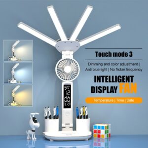 4-Head LED Desk Reading Lamp With Fan Clock Dimmable Rechargeable Touch Light