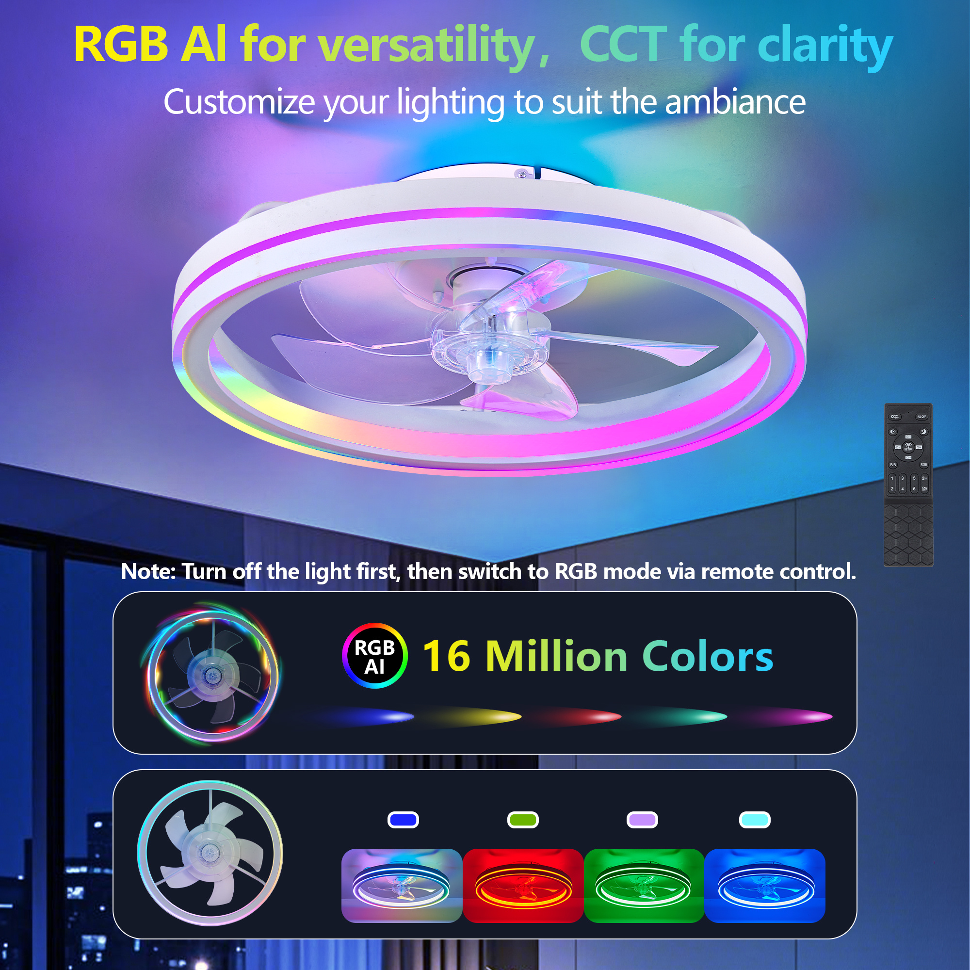 RGB Ceiling Fans With Lights, 19 Smart LED Ceiling Fan With Remote APP Control, Modern Low Profile Bladeless Chandelier Fan, Dimmable White Fandelier For Bedroom, Living Room, Kitchen - Image 3