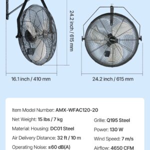 20 Inch Industrial Wall Mount Fan, High Velocity 4650 CFM Indoor Fan With 3 Speeds, Powerful Motor Garage Wall Fan With Aluminum Blades For Workshop, Warehouse, Greenhouse, Commercial