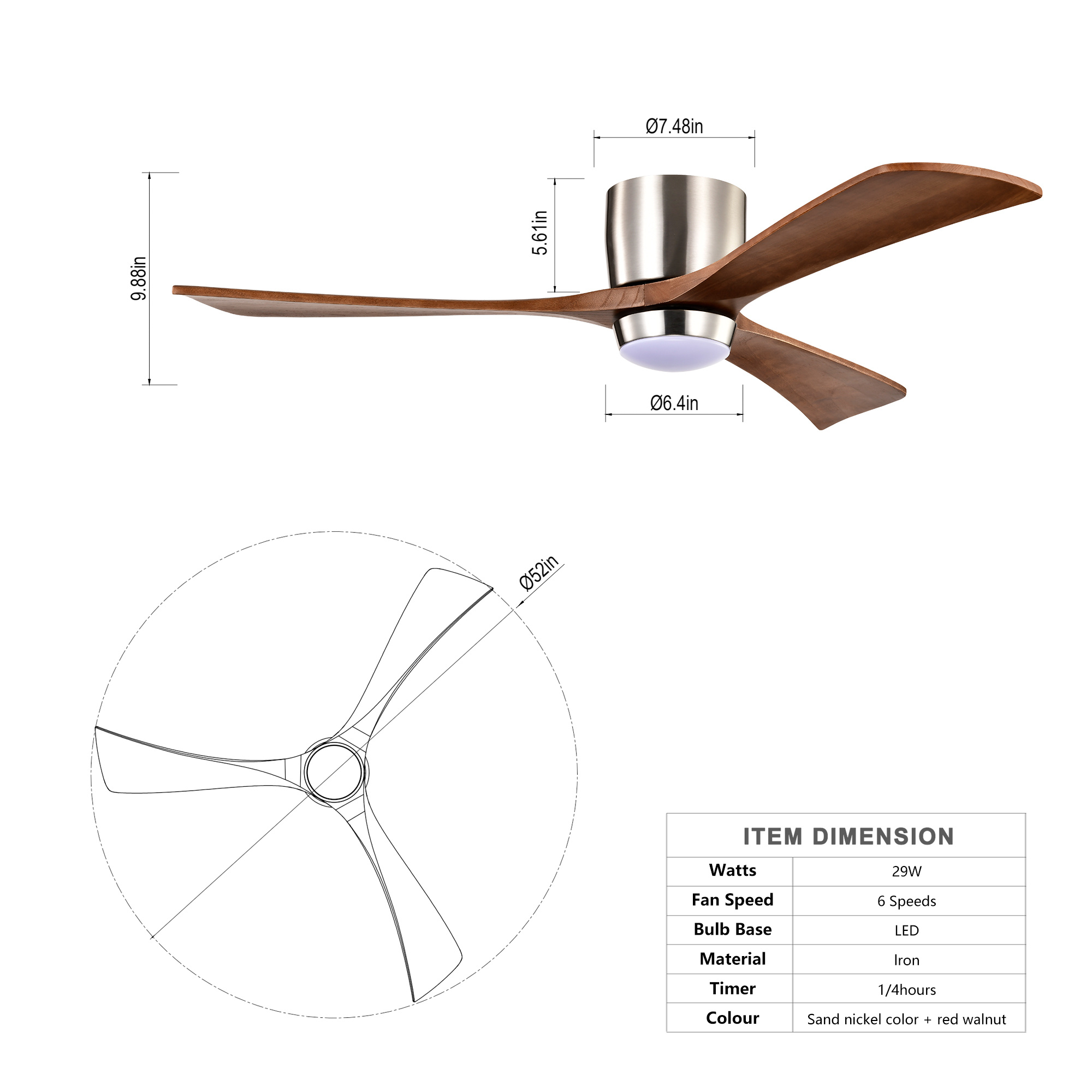 Ceiling Fan With Lights Remote Control,Quiet DC Motor 3 Wood Blade Ceiling Fans 6 Speed Levels,Reversible Ceiling Fan, For Patio Living Room, Bedroom, Office,Indoor. Stain Nickel Walnut - Image 6
