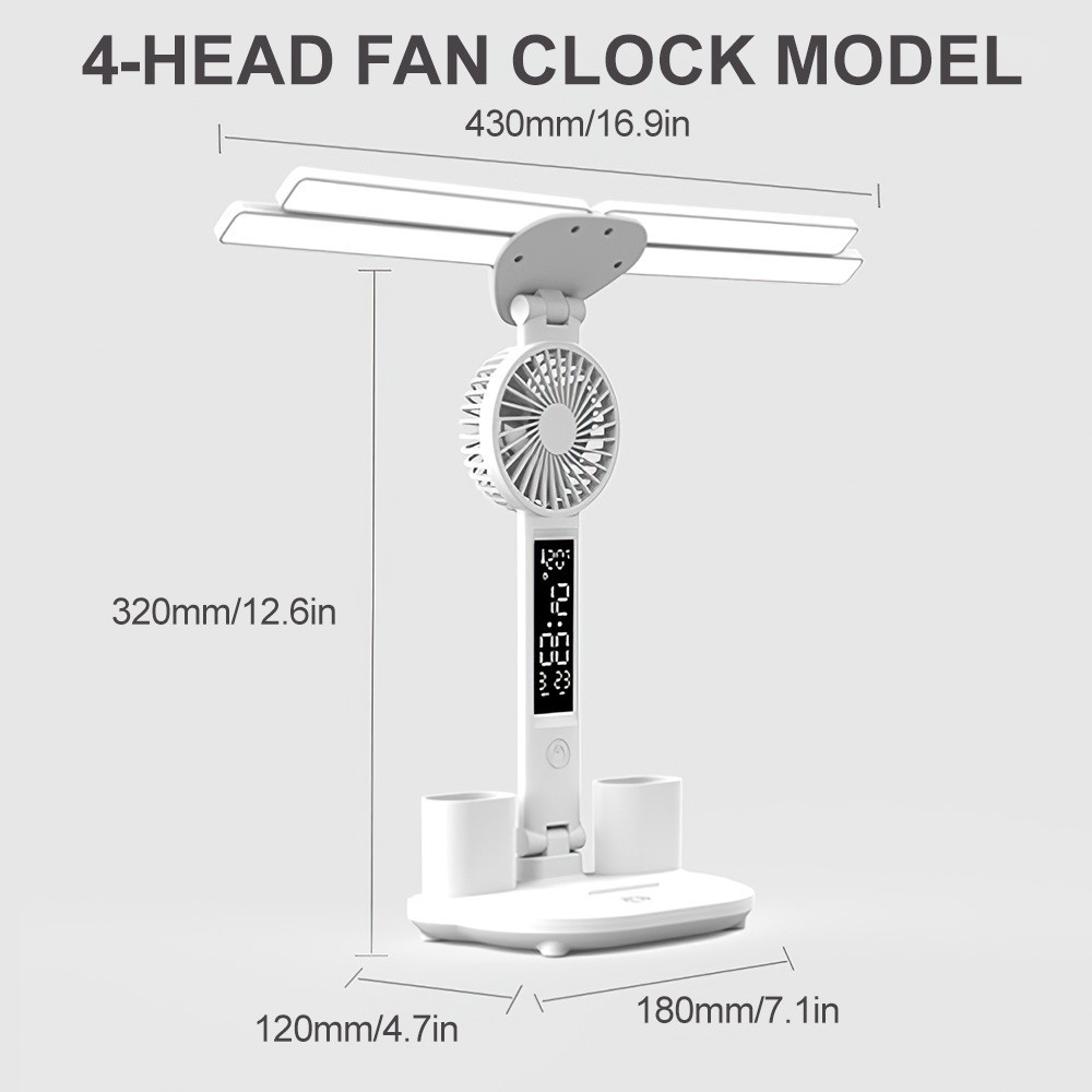 4-Head LED Desk Reading Lamp With Fan Clock Dimmable Rechargeable Touch Light - Image 9
