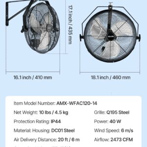 14 Inch Industrial Wall Mount Fan, High Velocity 2473 CFM Outdoor Fan With 3 Speeds, Waterproof IP44 Garage Wall Fan With Aluminum Blades For Workshop, Warehouse, Greenhouse