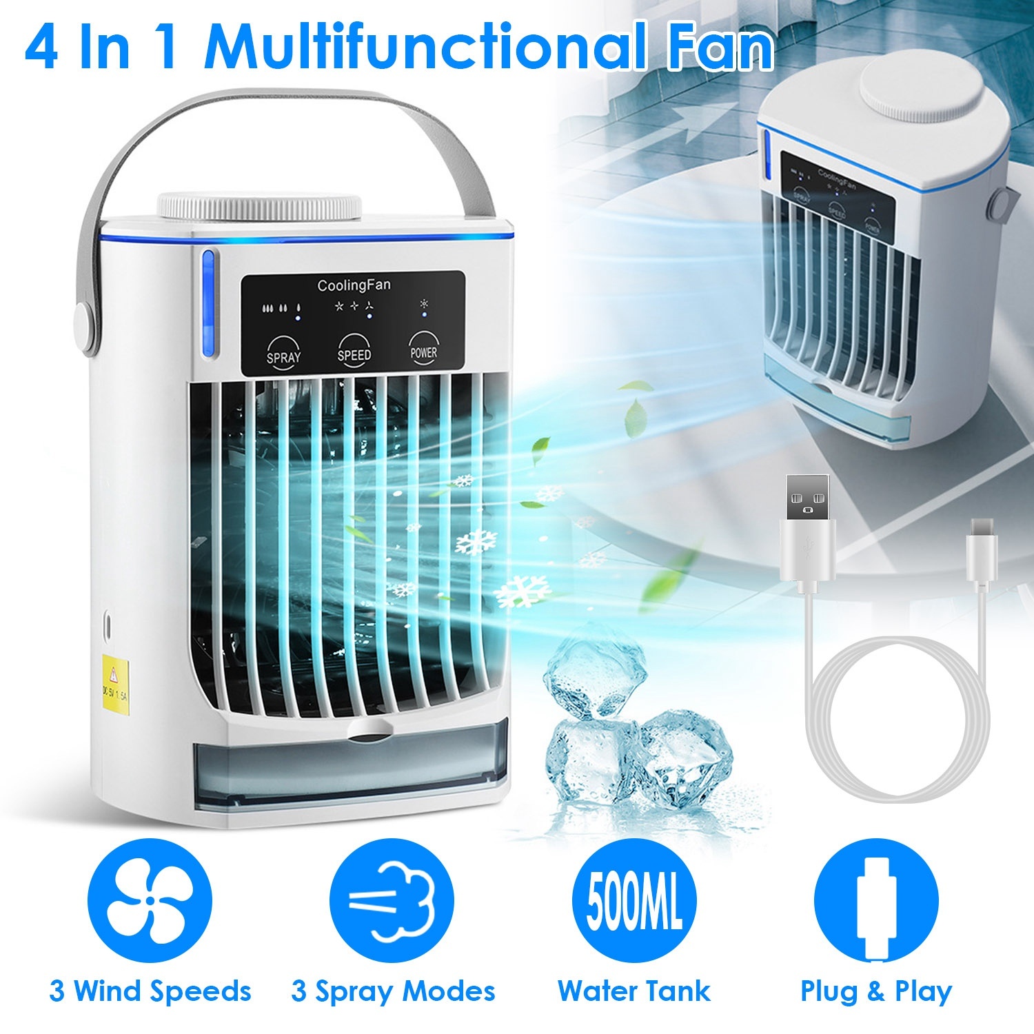 Portable Air Conditioner Fan Evaporative Humidifier 3 Speed Spray Personal Cold Mist Air Cooler Desk Table Fan Water Tank Night Light Adjustable Angel Room Home Office - Image 2