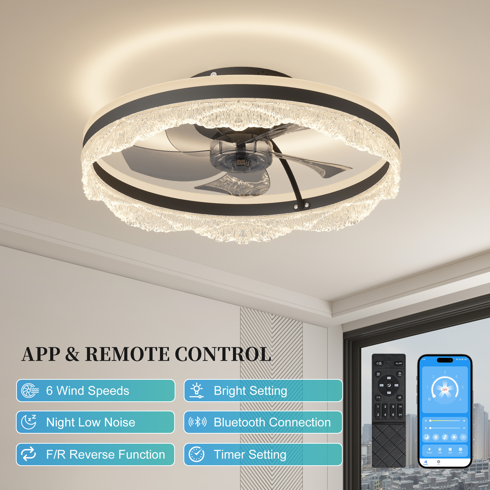 20 Smart Silent Ceiling Fan With Light Crystal Flush Mount LED Fan Lamp With Hidden Blades And Natural Airflow System, Designed For Bedroom, Kids' Room And Study - Image 5