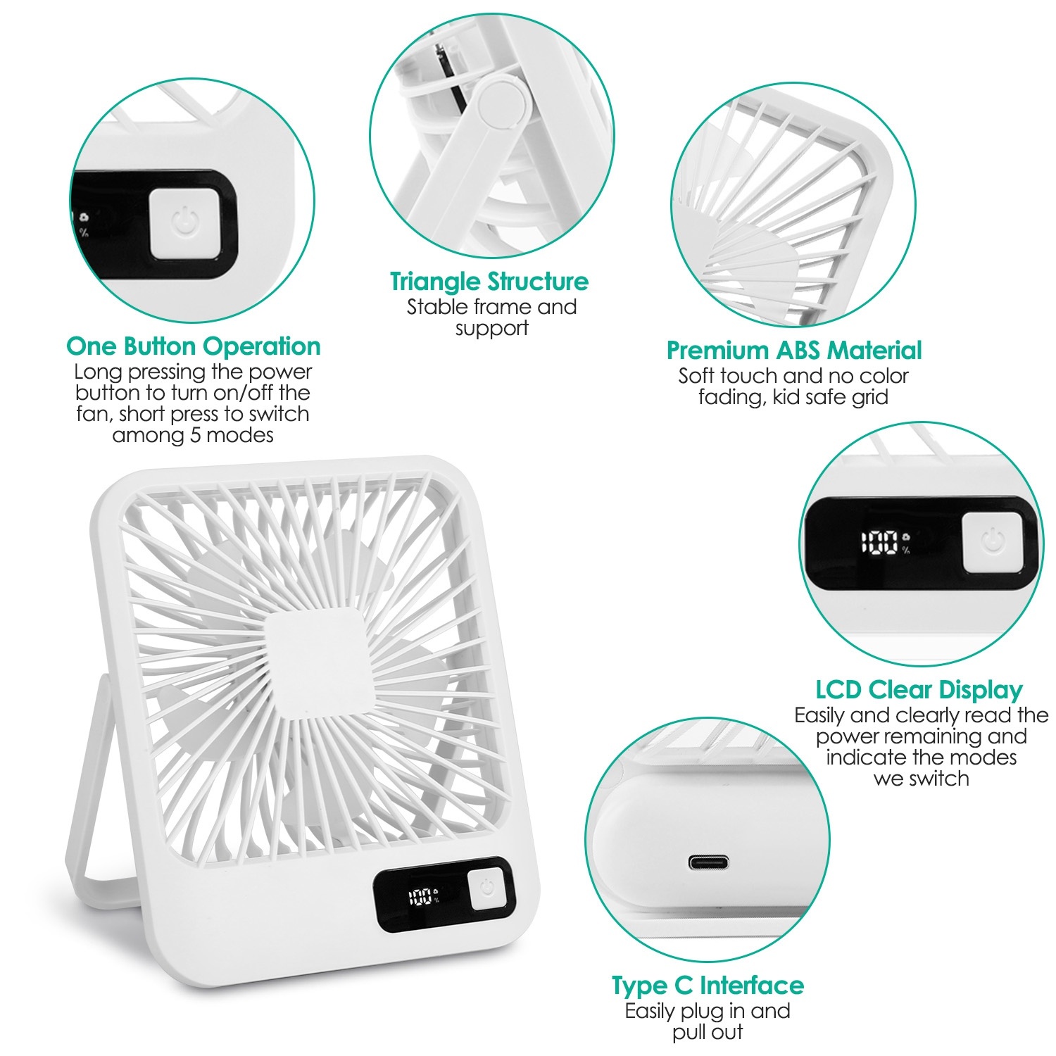3 Colors Options -- 1Pc Mini Desktop Cooling Fan Rechargeable Battery Powered Personal Fan Speed Adjustment Strong Airflow Quiet Travel Fan With LCD Display For Home Office Travel - Image 9