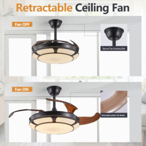 42 Retractable Ceiling Fan With Light, Modern LED Chandelier Fan With Remote Control, 6 Speed Adjustable Blades, Quiet DC Motor, Dimmable Lighting For Living Room, Bedroom, Dining Room