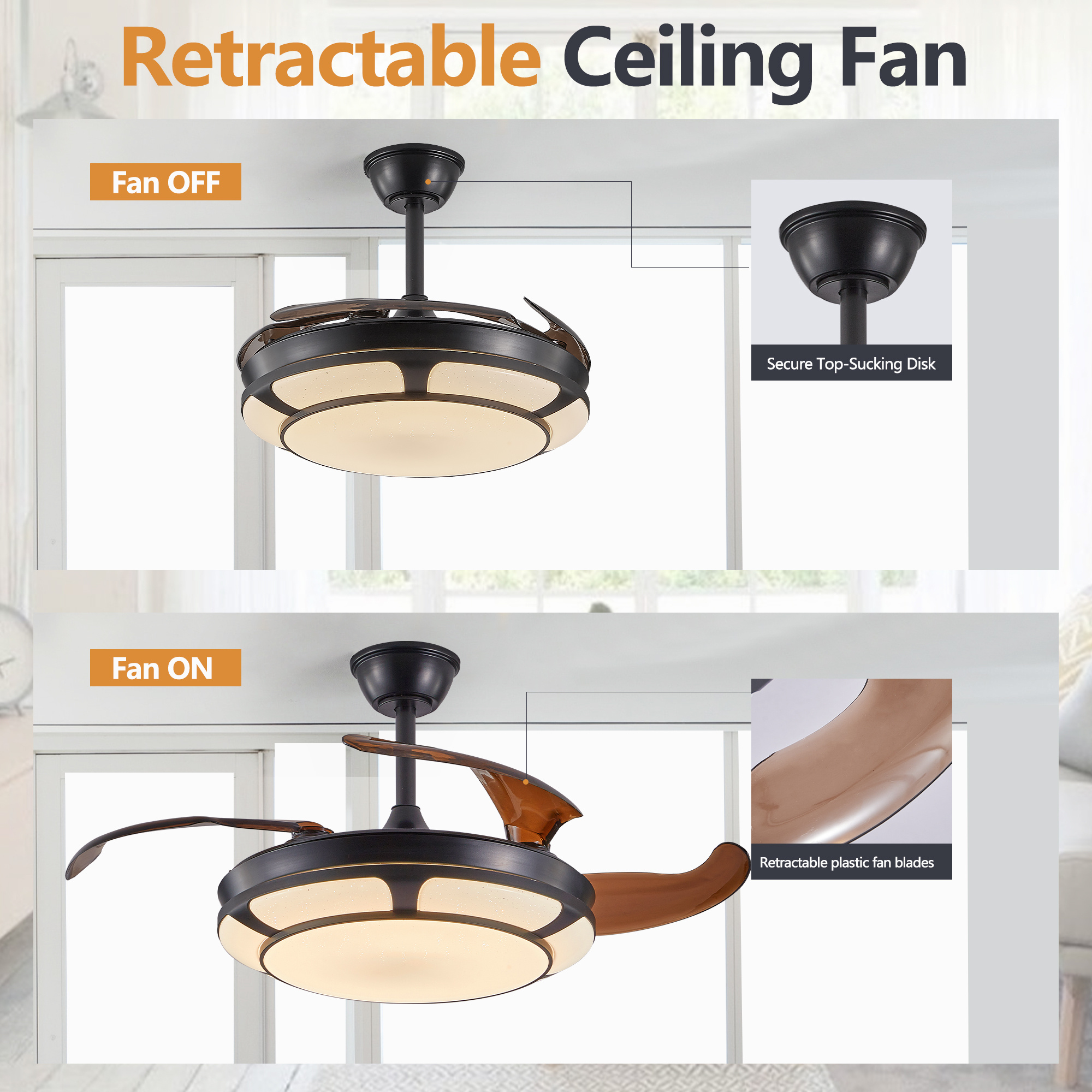 42 Retractable Ceiling Fan With Light, Modern LED Chandelier Fan With Remote Control, 6 Speed Adjustable Blades, Quiet DC Motor, Dimmable Lighting For Living Room, Bedroom, Dining Room - Image 2