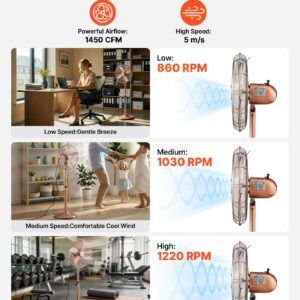 16-Inch High Velocity Pedestal Fan, 1450 CFM Industrial Standing Floor Fan With Handle, 75° Oscillating, 3-Speed Adjustable Height, Metal Made For Commercial, Garage, Workshop, Home, Copper