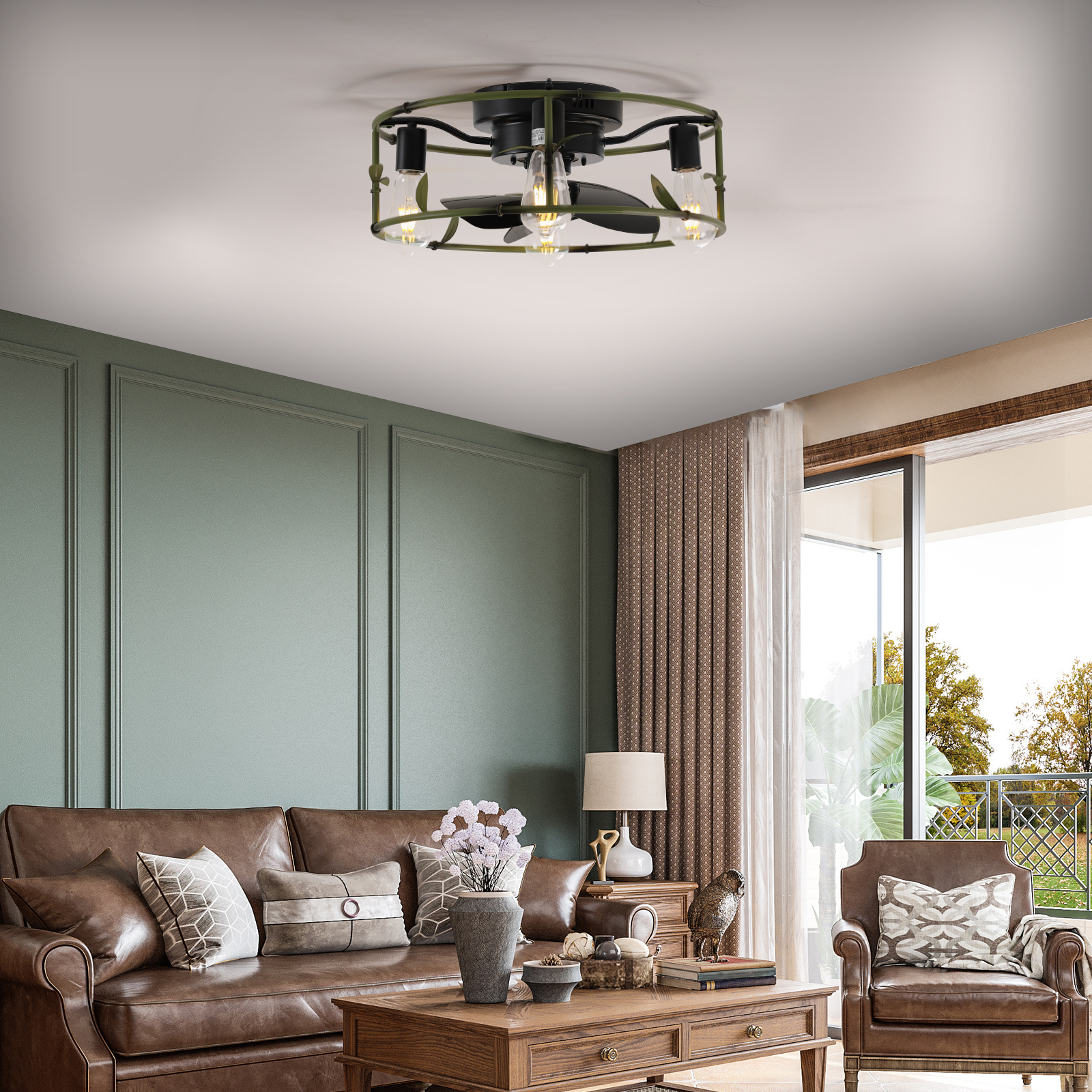 19 Green Industrial Ceiling Fan With Light - Flush Mount Caged Ceiling Fan With Remote, 3-Light Rustic Ceiling Fan, Silent 6-Speed Reversible DC Motor For Bedroom, Living Room Bulb Not Included - Image 10