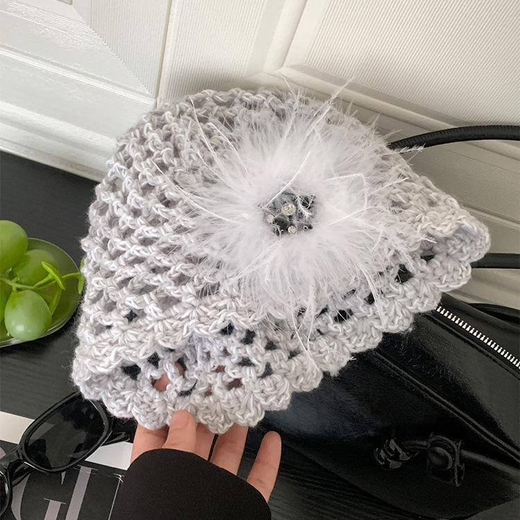 French Retro Black Feather Hand-woven Knitted Hat - Image 8
